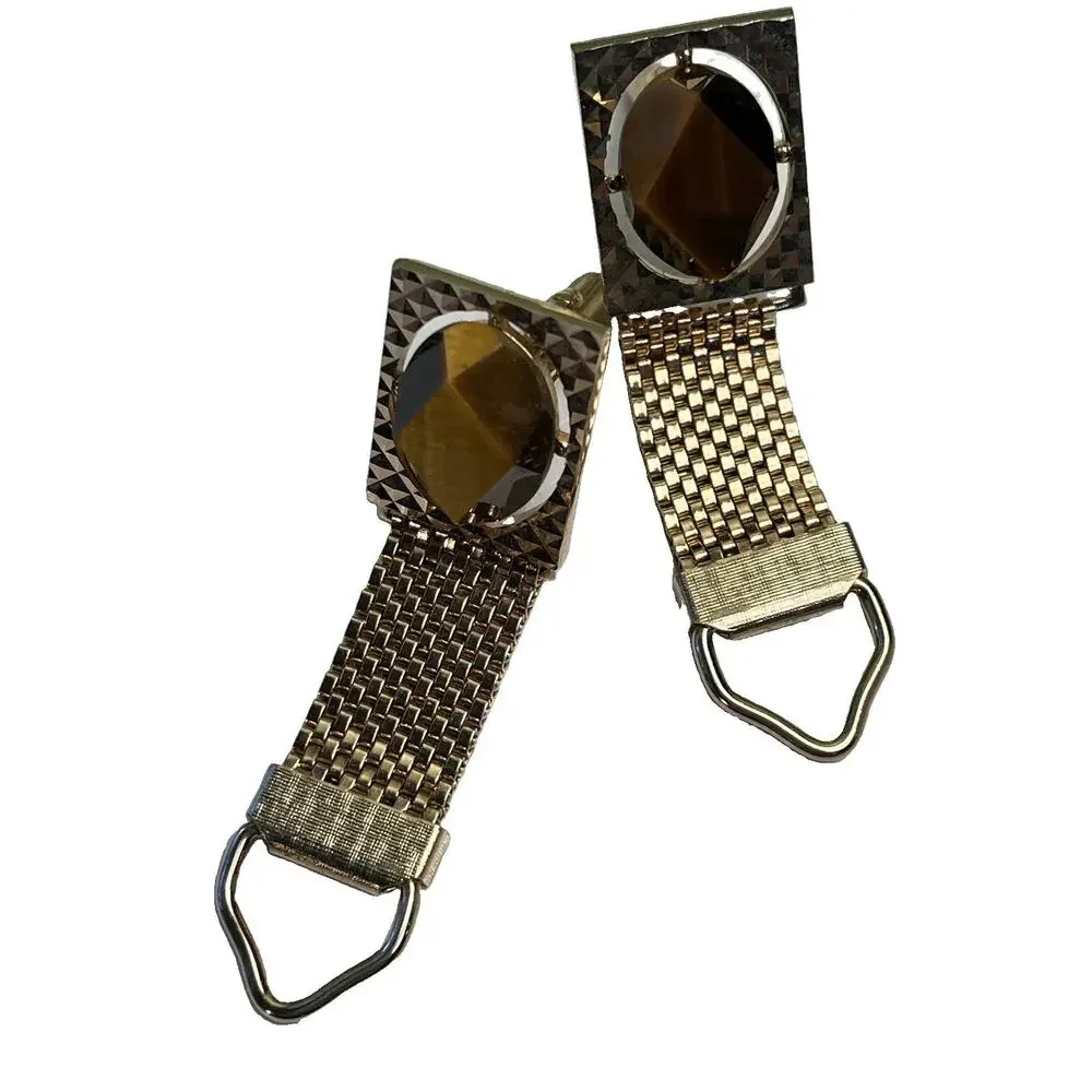 Vintage Gold Tone Wrap Cufflinks Caramel Tigers Eye Brown Stone Unmarked